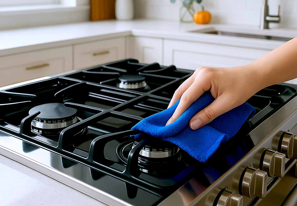 Hand wipes a glossy gas range with a blue microfiber cloth in a bright modern kitchen